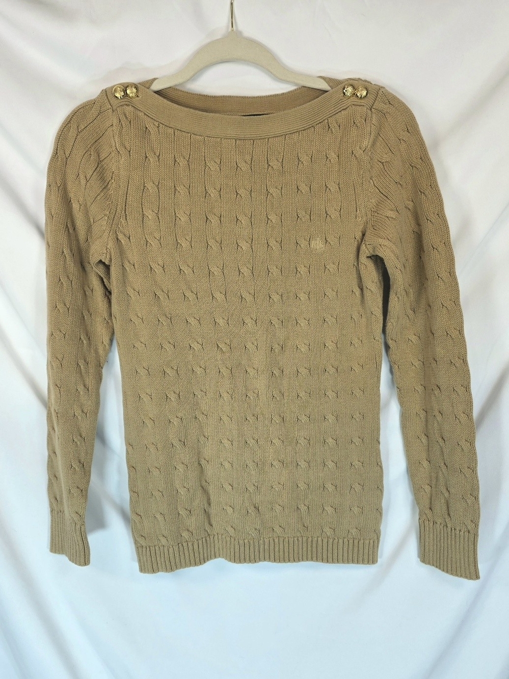 Lauren Ralph Lauren Cable Knit Sweater M Camel Button Accent Preppy Ivy League